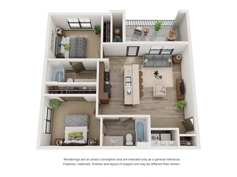 Floor plan for 2 beds, 2 baths, 848 sqft